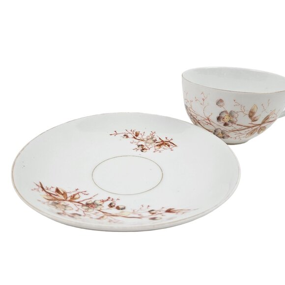 Marx And Gutherz Carlsbad Austria Ceramic Tea Cup Saucer Floral 1459 White Brown - Picture 2 of 9